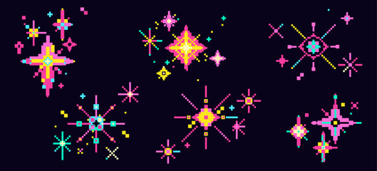 Pixel art star icons, vibrant y2k firework sparkles, digital vector graphics for retro 8-bit games, neon party symbols on black background. Design elements, star burst with bright glowing effect © klyaksun