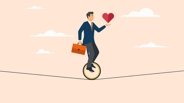 Businessman on unicycle balancing work and love on tightrope