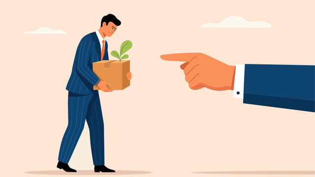 Businessman carrying box with plant facing large pointing hand in resignation concept