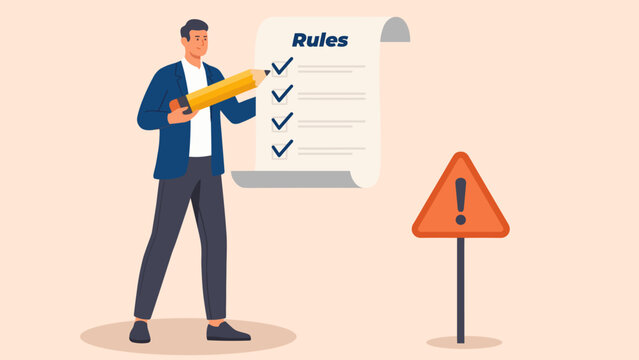 Illustration of a businessman reviewing rules checklist with a caution sign