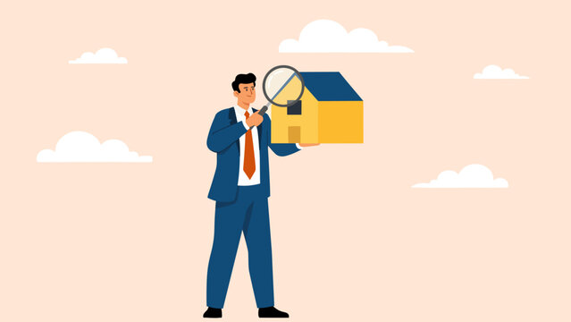 Illustration of businessman examining a house model with a magnifying glass