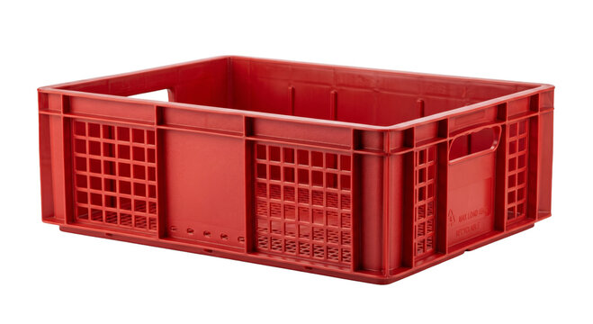 Durable red plastic storage crate with ventilation holes and handles for industrial use