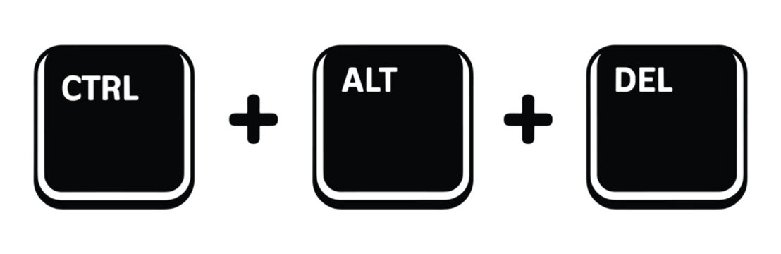 Keyboard Shortcut Combination: CTRL + ALT + DEL keys. Computer command, technical solution, system reset.