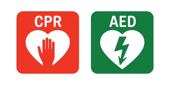 CPR and AED Signage: Clear visual symbols for Cardiopulmonary Resuscitation and Automated External Defibrillator. emergency symbol, first aid icon, medical warning, safety icon, life saving.