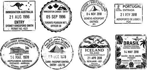 Obraz premium Collection of vintage Passport Stamps From Different Countries Showing Travel History and Entry Dates at Various Airports and Borders