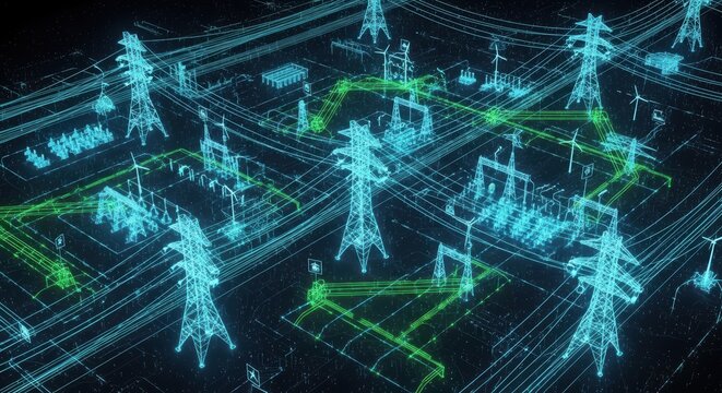 Digital power grid infrastructure visualization showing high voltage lines in network.