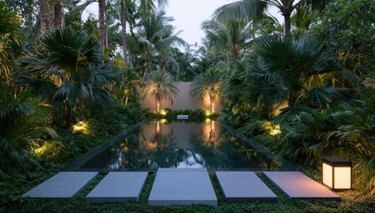 Fototapeta premium Lush tropical oasis with illuminated pool and serene pathway