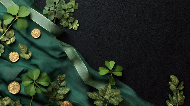 St Patrick's Day flat lay composition featuring shamrocks and empty text area for banners