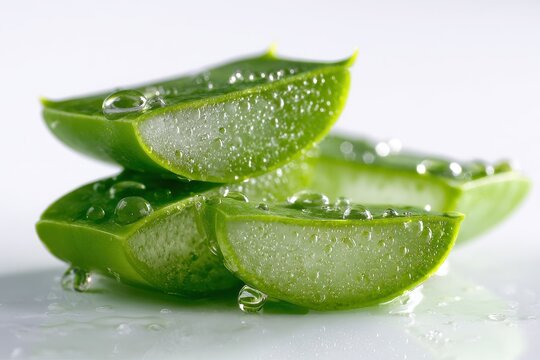 Stacked Aloe Vera Slices with Gel Drips on Pure White Background
