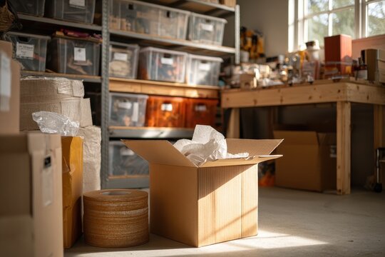 Stacked moving boxes in a quiet garage corner with a workbench
