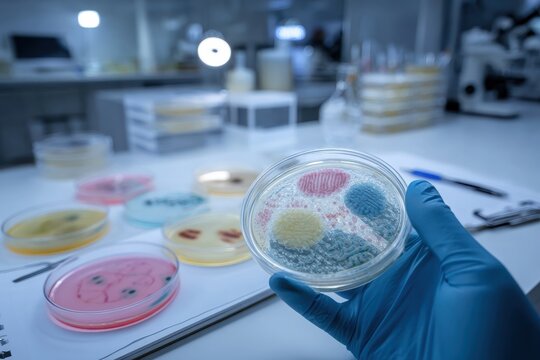 Sterile laboratory scene showing multiple culture plates with varied growth patterns