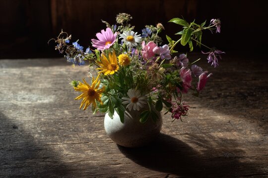 Still life bouquet of wildflowers in a ceramic vase on a rustic wooden table bathed in natural morning light