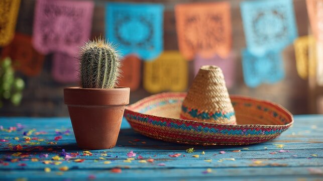 Still life of a cactus and sombrero as Cinco de Mayo table decoration on a vivid blue surface