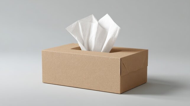 Studio photograph of an open tissue box on a soft grey surface