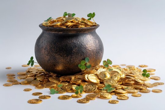 Studio shot of a gilt pot filled with coins, cascading gold, bright white background, celebratory holiday scene