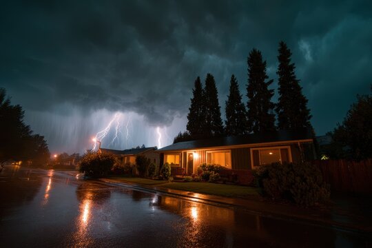 Suburban home under a thunderstorm, vivid lightning illuminating dark clouds