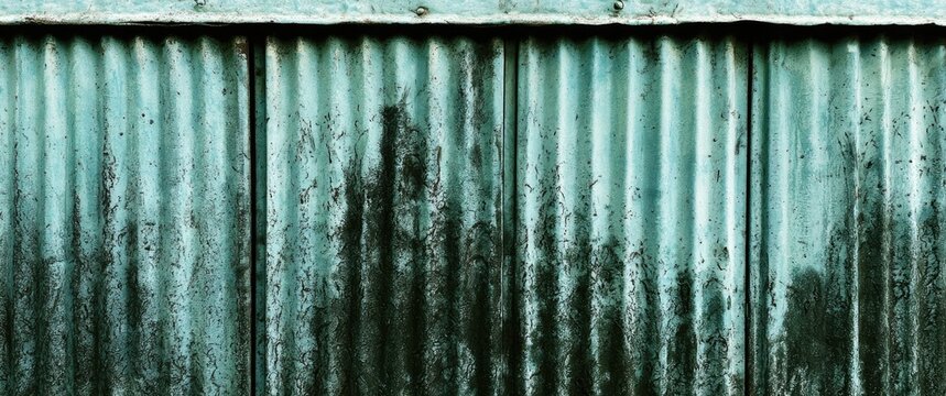 Weathered, teal corrugated metal panel with dark streaks and texture