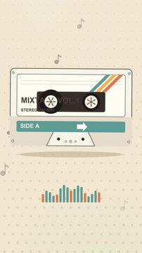 Vintage cassette tape floats over sound bars and music notes on cream paper, a nostalgic retro vibe in vertical format for music reels and playlist promos