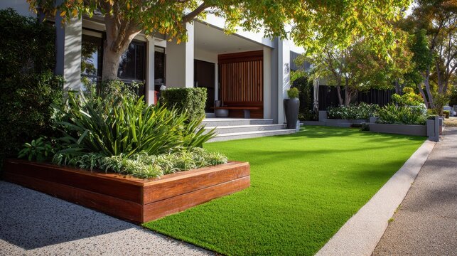 Sunlit suburban front lawn with uniform artificial turf and wooden border