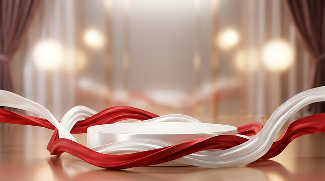 Elegant display platform with flowing fabric and soft lighting