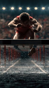 A blurred athlete jumps a hurdle on a wet track against stadium lights, perfect for sports marketing.