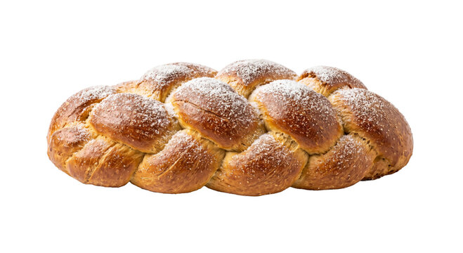 Golden brown braided challah bread dusted with powdered sugar on a white background