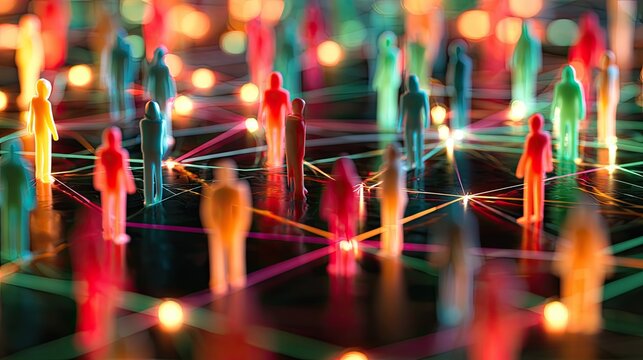 Abstract network of diverse human figures connected by glowing lines