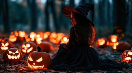 Naklejka premium Young witch in black dress surrounded by glowing jack-o'-lanterns in a forest