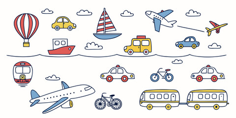 39 colorful transportation on white background, including cars, buses, bicycles, trains, planes, and boats © Mamun