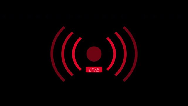A red icon symbolizing a live stream or broadcast signal, featuring concentric waves emanating from a central point and a 'LIVE' label, set against a plain black background.