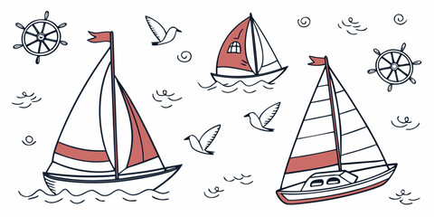 Set of five sailboats on white background, nautical, maritime, sailing vessels sail boat © Mamun