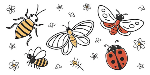 Vibrant cartoon bee, bumblebee, ladybug, butterfly, and snail on white background © Mamun