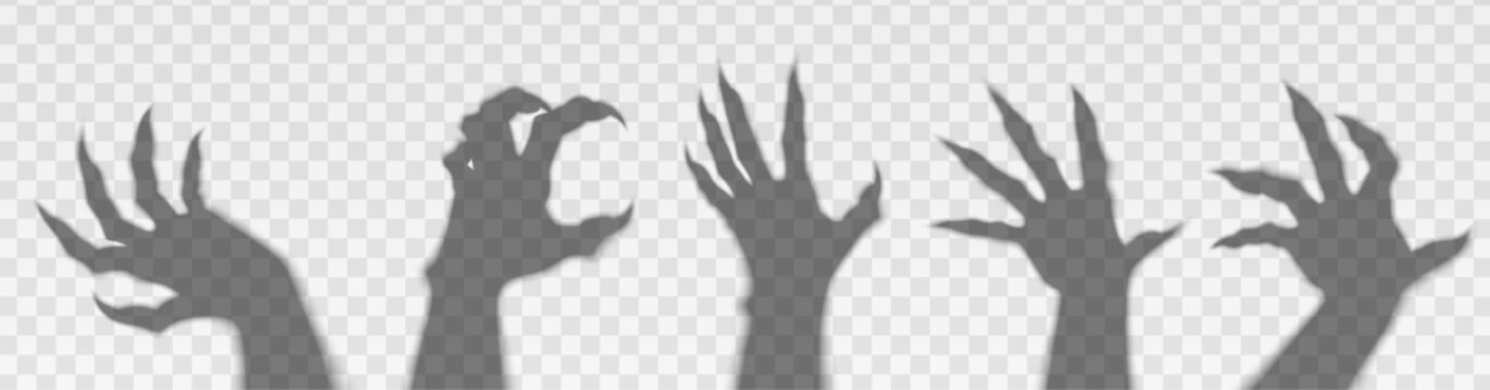 Scary monster hands, fingers with claws isolated on transparent background. Vector realistic illustration of spooky shadows for Halloween horror designs, creepy party poster elements