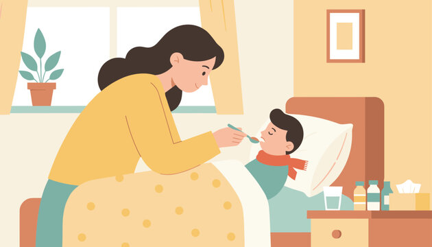 Caring mother gently spoon-feeding a sick little boy lying in bed with a sore throat in a cozy bedroom.