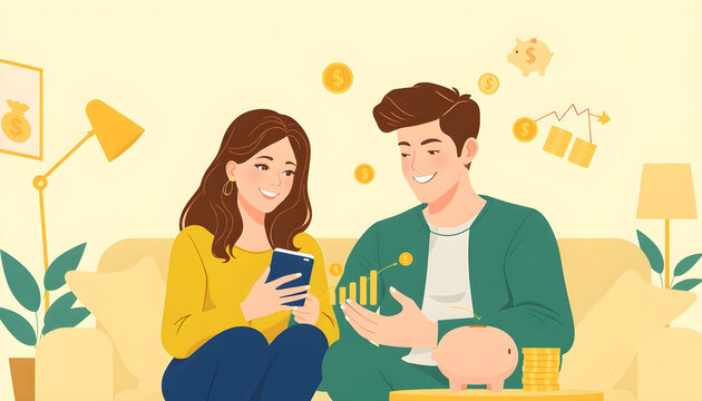スマートフォンで家計と資産運用を管理する若い夫婦