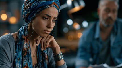 Fototapeta premium Concerned woman listening during an office meeting in the background for corporate contexts.