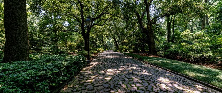 Cobblestone path lined with trees and lush foliage leading into a sun-dappled forest
