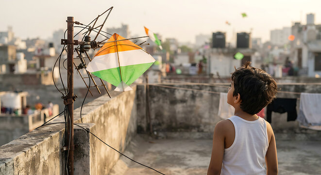 Child watching tricolor kite on Indian rooftop terrace for Independence Day. Authentic cultural lifestyle scene with childhood nostalgia and freedom. Makar Sankranti Kite Festival Nostalgia.