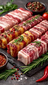 Rows of raw and seasoned meat on slate with herbs for culinary background.