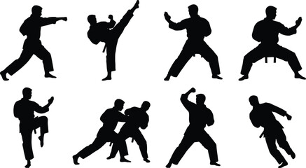 Set of black silhouettes featuring martial arts athletes in various fighting stances, karate poses, and defensive moves © MDMORSALIN