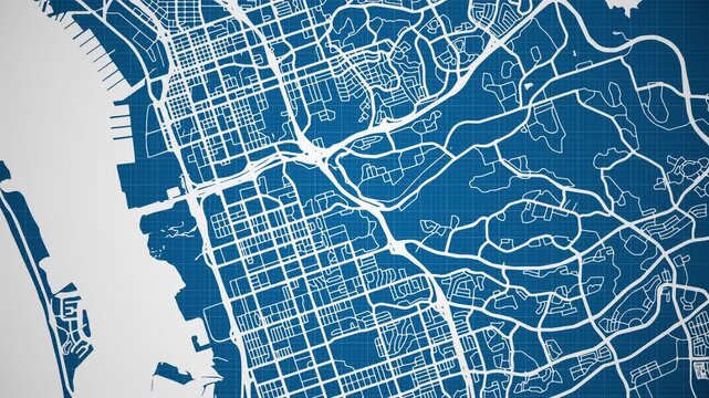 Ink reveal animation of Chula Vista city, California (CA), United States of America, grid map. Aerial top view. Blueprint style. White lines with blue background. 4K Seamless loop.