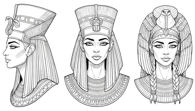 Ancient Egyptian queens or goddesses in elegant traditional headdresses, black and white line art illustrations.