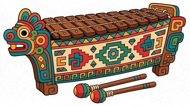 Vibrant Aztec Inspired Design Element with Traditional Musical Instrument Motif
