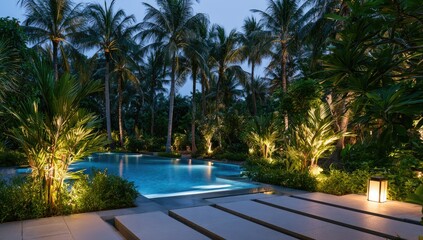 Fototapeta premium Illuminated tropical pool at dusk, surrounded by lush palms and exotic flora
