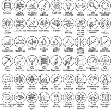 Hand Drawn Doodle Icon Set with Business Web Interface Symbols Face Music Internet Buttons Circle Elements and Flat Vector Illustration Collection