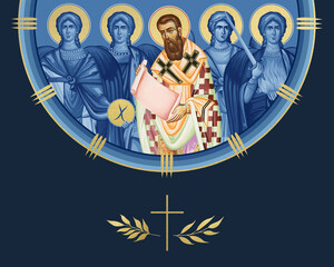 Obraz premium Gregory Palamas and four cardinal points (Archangel Gabriel, Uriel, Raphael and Michael). Illustration in Byzantine style isolated