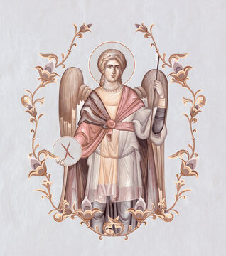 The Archangel Gabriel. Christian pastel illustration in Byzantine style in floral frame