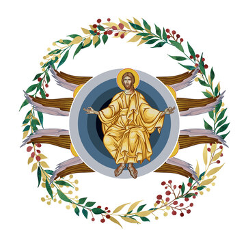 Ascension of Jesus. Decorative vintage floral wreath, illustration in Byzantine style isolated