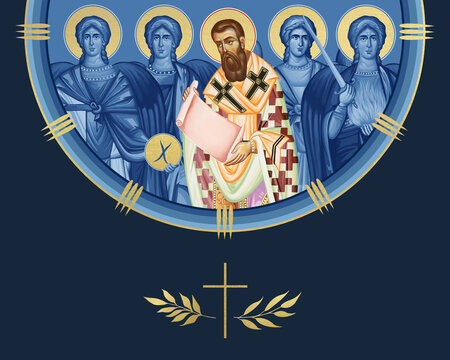 Gregory Palamas and four cardinal points (Archangel Gabriel, Uriel, Raphael and Michael). Illustration in Byzantine style isolated