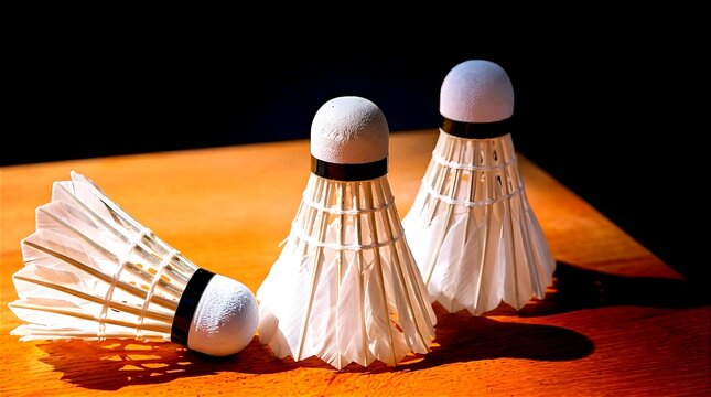 Three classic badminton shuttlecocks with white feathers and cork bases arranged on a wooden table under warm light with a dark background, showcasing sports texture.